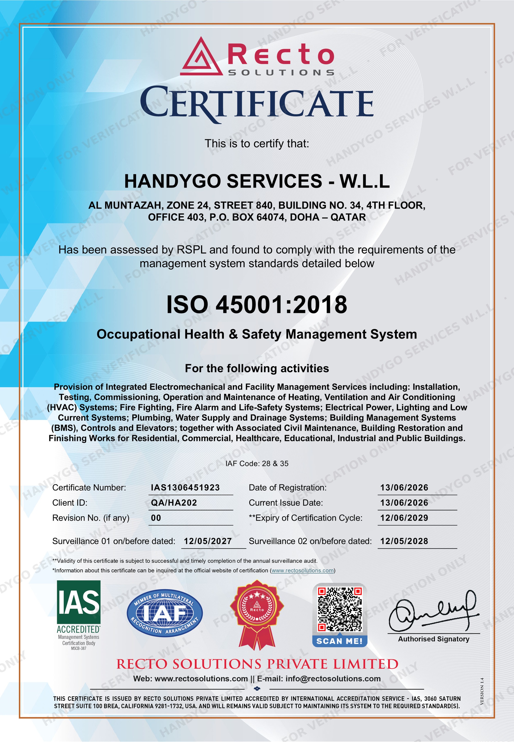 ISO 45001 certificate, for verification only