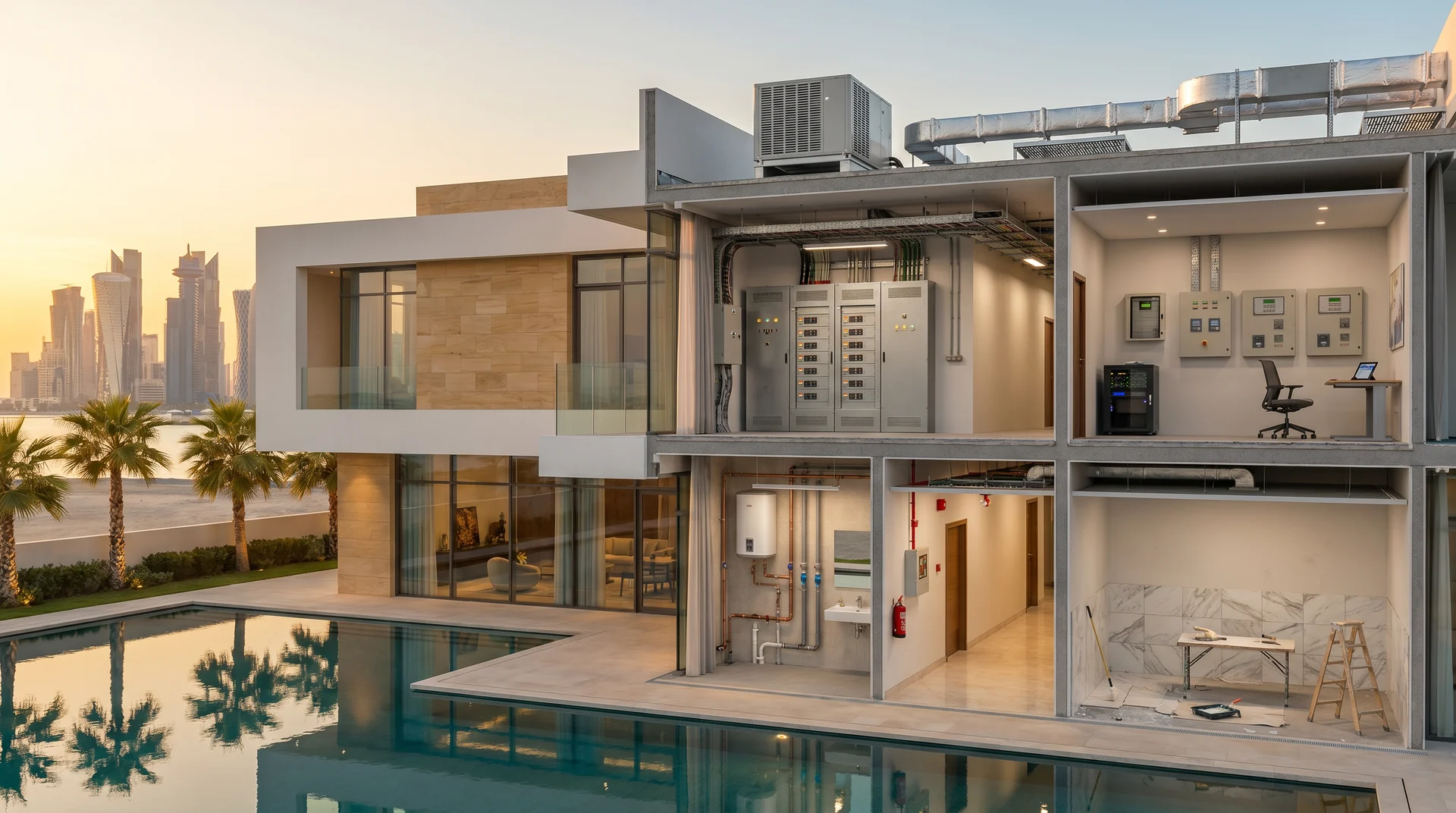 Cross-section of the HandyGo villa showing HVAC, electrical, plumbing and fire-safety rooms